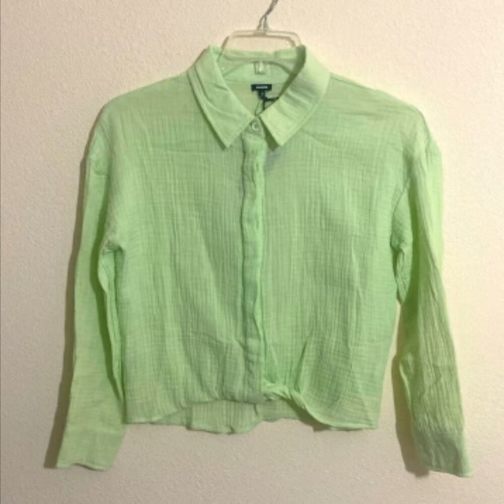 MONROW Cotton Gauze Collared Blouse w Twisted Hem Women's Size L